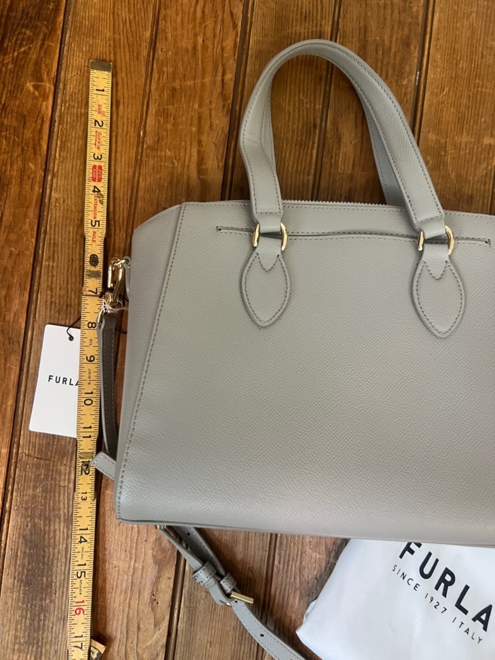 Furla bag Light Gray Pebbled Leather Satchel with Gold Charm New NWT - Picture 3 of 7